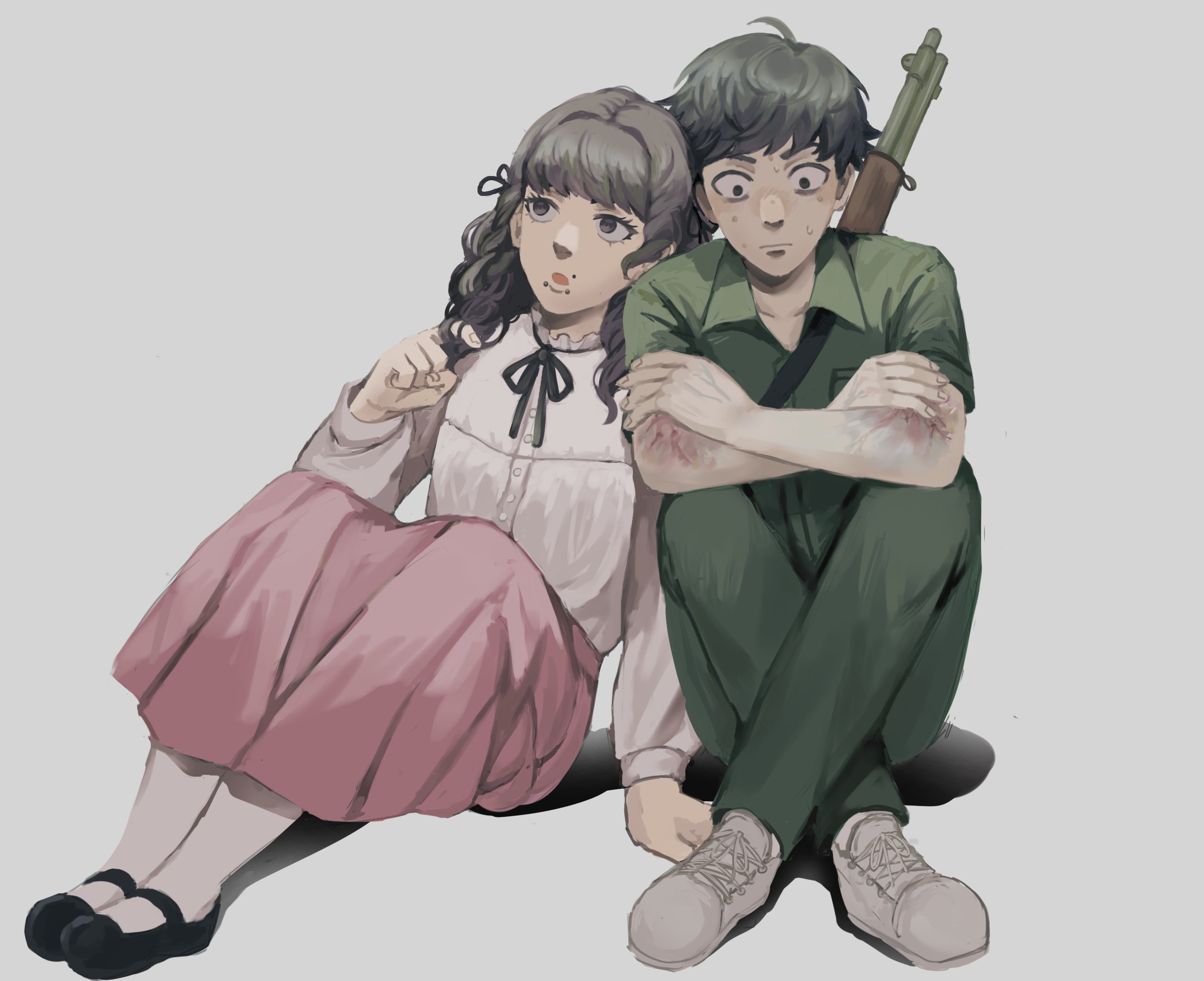 1boy 1girl arm_support black_hair black_ribbon black_shoes brown_hair closed_mouth commentary crossed_arms crossed_legs fear_&_hunger_(series) fear_&_hunger_2:_termina frilled_shirt_collar frills full_body green_jumpsuit grey_background gun gun_on_back hair_ribbon highres jaylee-is-here jumpsuit leaning_on_person levi_(fear_&_hunger) long_hair long_skirt long_sleeves marina_(fear_&_hunger) mary_janes mouth_piercing neck_ribbon parted_lips pink_skirt playing_with_own_hair ribbon rifle shirt shirt_tucked_in shoes short_hair short_sleeves simple_background sitting skirt socks sweat track_marks weapon weapon_on_back white_shirt white_shoes white_socks