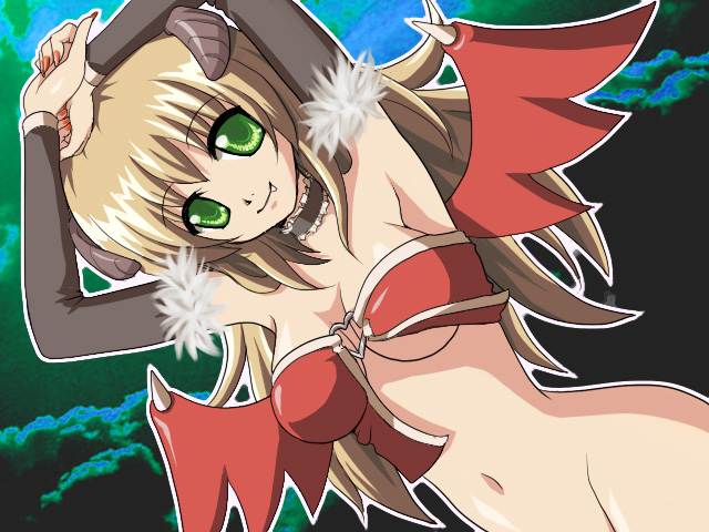 1girl armpits black_sleeves blonde_hair breasts brown_horns cleavage closed_mouth commentary_request demon_girl demon_wings detached_sleeves fang fang_out feliciel green_eyes horns long_hair looking_at_viewer medium_breasts navel ragnarok_online red_wings smile solo succubus_(ragnarok_online) upper_body wings
