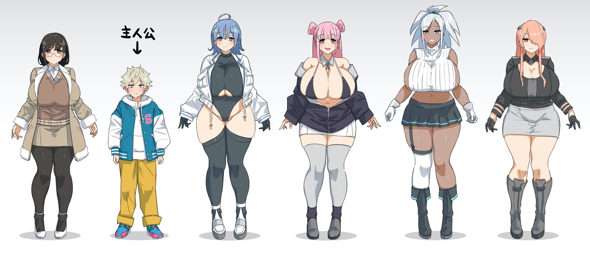 1boy 5girls arrow_(symbol) black_bra black_hair blue_hair blush bra breasts cleavage coat glasses gradient_background grey_background highres huge_breasts ikinari_mojio jacket japanese_text leotard lineup looking_at_viewer midriff miniskirt multiple_girls orange_hair original pink_hair size_difference skirt smile standing thick_thighs thighhighs thighs translation_request underboob underwear white_hair wide_hips