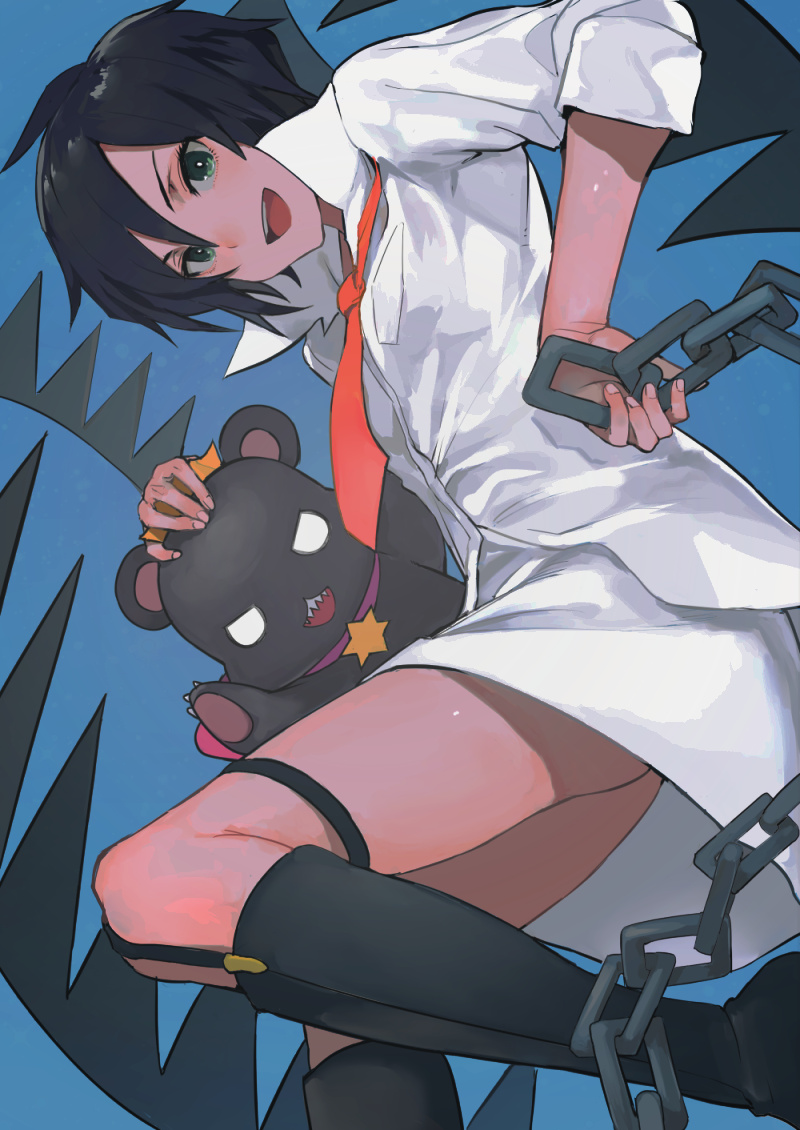 :d ahoge bear black_footwear black_hair blue_background boots breast_pocket chain chain collared_shirt commentary dress_shirt fushoku green_eyes hair_between_eyes harishima_kaoru holding holding_chain knee_boots long_sleeves looking_at_viewer necktie open_collar open_mouth pocket red_neckwear shirt short_hair simple_background sleeves_rolled_up smile teeth thighs upper_teeth_only white_shirt yuri_kuma_arashi