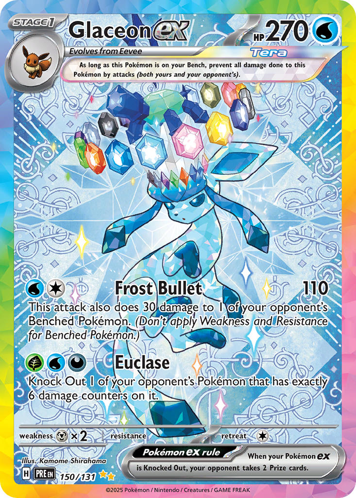 :o animal_focus artist_name blue_eyes card_(medium) character_name company_name copyright_name copyright_notice eevee english_text full_body gem gen_1_pokemon gen_4_pokemon glaceon nintendo no_humans official_art open_mouth pokemon pokemon_(creature) pokemon_card pokemon_focus pokemon_tcg shirahama_kamome solo sparkle terastallization third-party_source trading_card