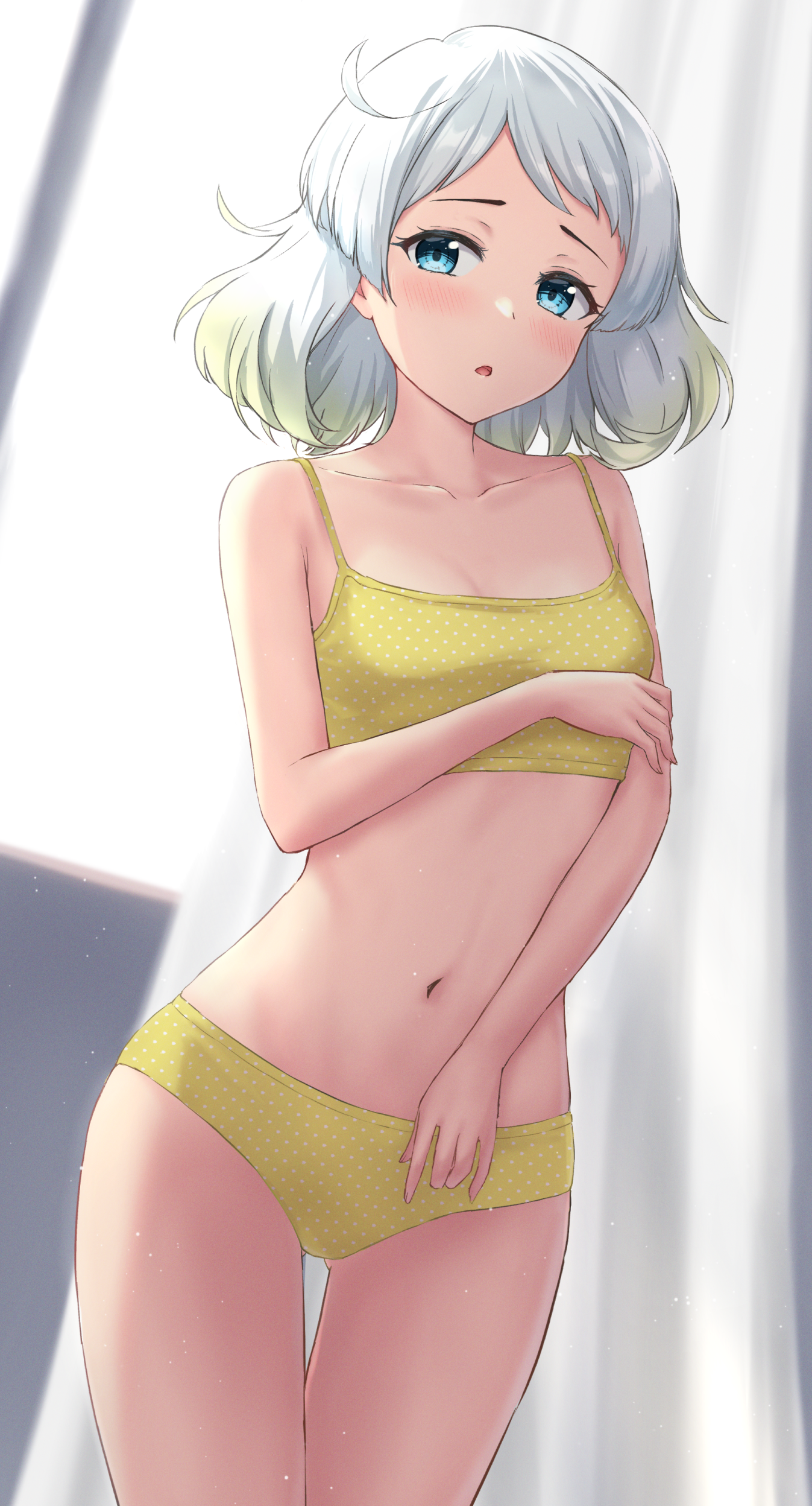 1girl absurdres blue_eyes blurry blurry_background blush breasts collarbone cowboy_shot gluteal_fold grey_hair highres kantai_collection looking_at_viewer monoku natsugumo_(kancolle) open_mouth panties polka_dot polka_dot_panties short_hair small_breasts solo underwear underwear_only yellow_panties