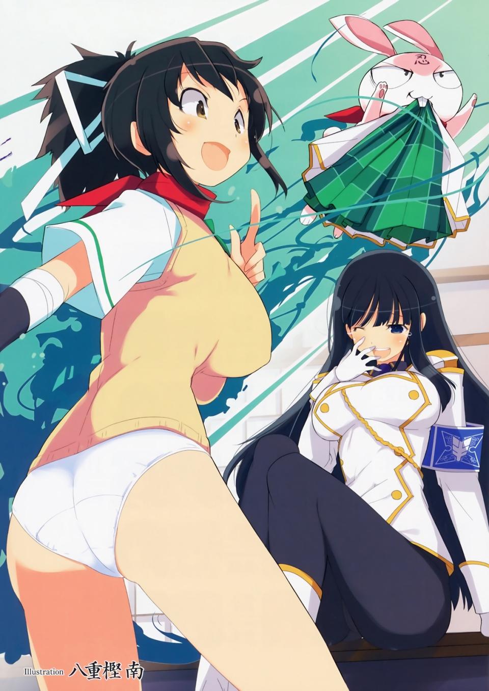 2girls ass asuka_(senran_kagura) breasts highres ikaruga_(senran_kagura) large_breasts multiple_girls ninto_(senran_kagura) panties rabbit senran_kagura skirt underwear underwear unworn_skirt white_panties