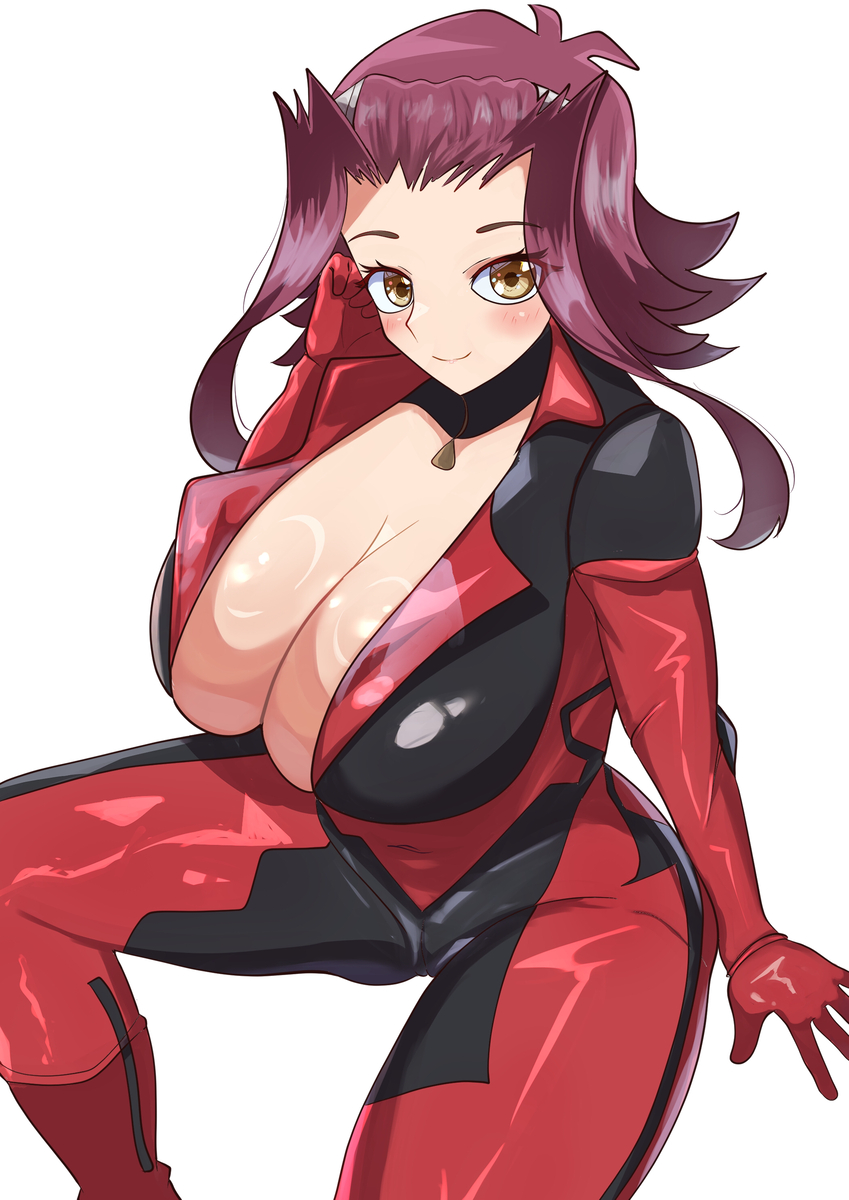 1girl alternate_breast_size artist_request blush bodysuit breasts breasts_out cowboy_shot female_focus highres izayoi_aki large_breasts legs looking_at_viewer medium_hair no_bra no_panties red_bodysuit red_hair sidelocks simple_background sitting solo thighs white_background yellow_eyes yu-gi-oh! yu-gi-oh!_5d&#039;s