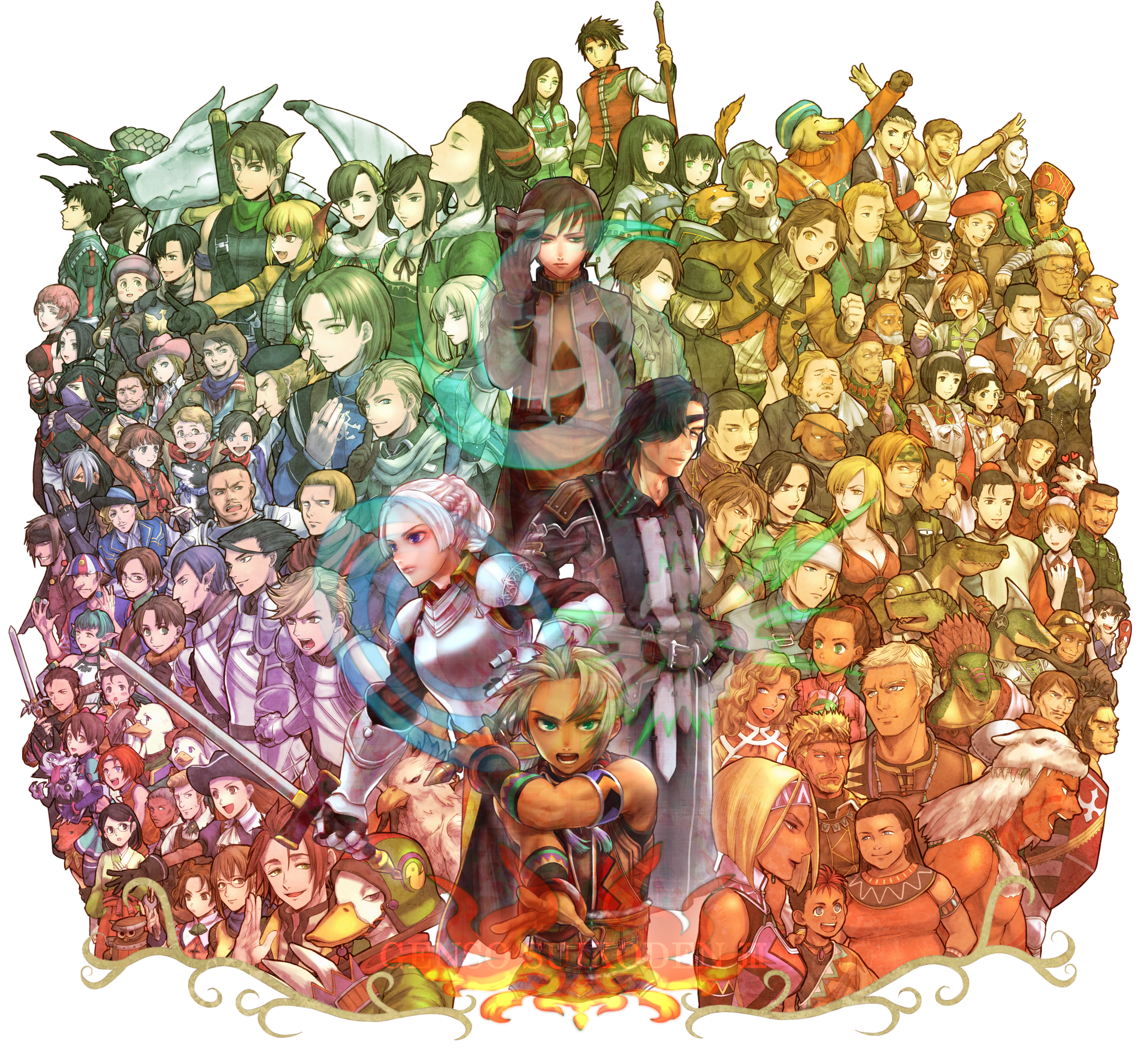 6+boys 6+girls aila_(suikoden) anne_(suikoden) apron armor ayame_(suikoden) bandana beard beecham billy_(suikoden) bird black_gloves blonde_hair blue_eyes borus_redrum breasts brown_eyes brown_hair character_request chris_lightfellow cleavage commentary_request copyright_name cowboy_hat dog dragon duke_(suikoden) elaine_(suikoden) eyepatch facial_hair fubar_(suikoden) gadget_z gau_(suikoden) geddoe_(suikoden) gensou_suikoden gensou_suikoden_iii glasses gloves goggles goggles_on_headwear green_eyes hair_ornament hairclip hallec_(suikoden) hat heart highres holding holding_mask holding_quill holding_sword holding_weapon holding_wrench hugo_(suikoden_iii) japanese_clothes jewelry jimba kathy_(suikoden) leo_galan luce_(suikoden) mamie_(suikoden) martha_(suikoden) mask multiple_boys multiple_girls mustache muto_(suikoden) nadir_(suikoden) one_eye_closed parrot percival_fraulein pointy_ears quill red_hair rhett_(suikoden) ring roland_lazarus sakai_(motomei) salome_harras sanae_yamamoto sgt_joe sword toppo_(suikoden) waurenhyte_(suikoden) weapon white_hair wilder_(suikoden) wrench yuber_(suikoden)