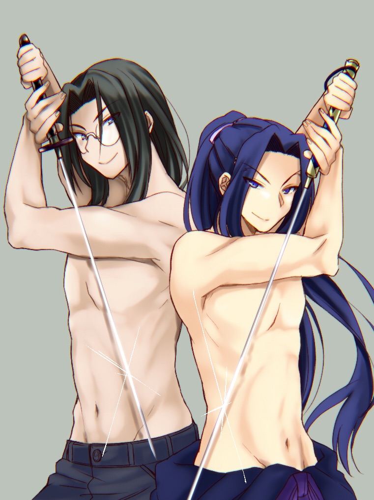 2boys bishounen black_hair blue_hair company_connection crossover fate/stay_night fate_(series) fumizuka_eiri glasses kamehima katana long_hair mahou_tsukai_no_yoru male_focus multiple_boys navel no_nipples ootachi ponytail sasaki_kojirou_(fate) simple_background sword topless_male type-moon weapon