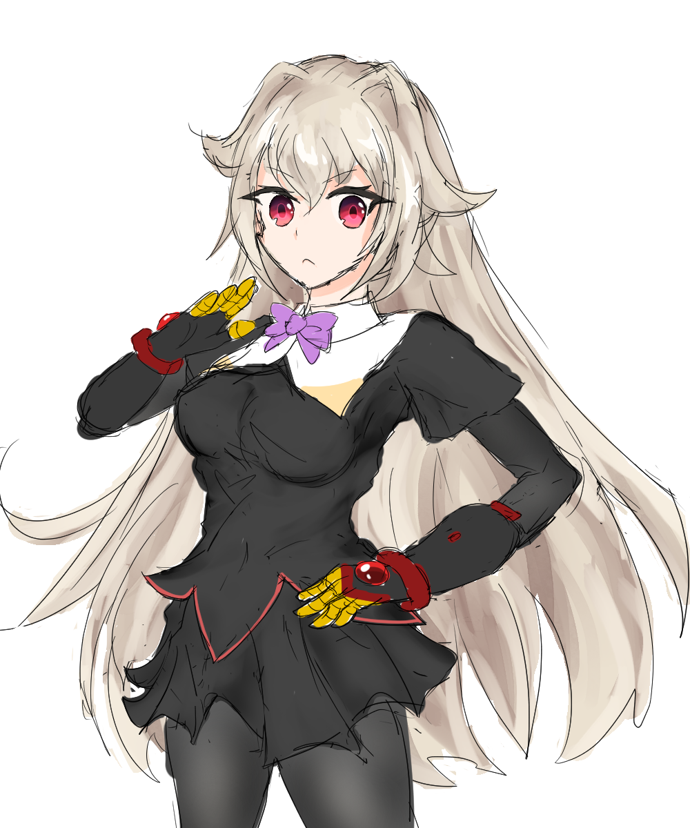 1girl aq_interactive arcana_heart arcana_heart_3 artist_request black_dress black_skirt blonde_hair bow bowtie breasts dress examu gauntlets gem gloves highres long_hair looking_at_viewer medium_breasts pantyhose red_eyes red_gemstone sketch skirt very_long_hair weiss_(arcana_heart)