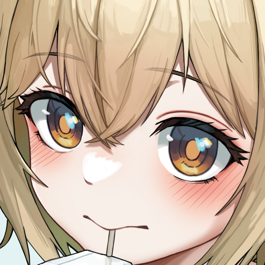 1girl blonde_hair blush close-up closed_mouth commentary crossed_bangs double-parted_bangs drinking_straw english_commentary eyelashes goddess_of_victory:_nikke hair_between_eyes liter_(nikke) looking_at_viewer looking_to_the_side looking_up sagle short_hair solo yellow_eyes