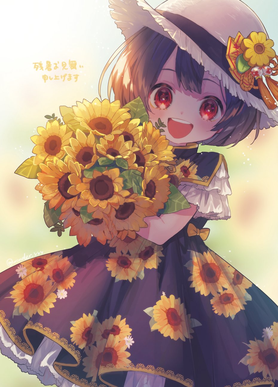 1girl :d black_dress black_hair bouquet bow child commentary cowboy_shot dress floral_print flower frilled_sleeves frills hat hat_ornament highres holding holding_bouquet kuroda_(kuro_yyy) layered_dress leaf looking_at_viewer ofuda open_mouth original print_dress red_eyes rei_(kuroda_(kuro_yyy)) short_sleeves smile solo standing straw_hat sun_hat sunflower tassel teeth translated upper_teeth_only yellow_bow yellow_flower yellow_trim