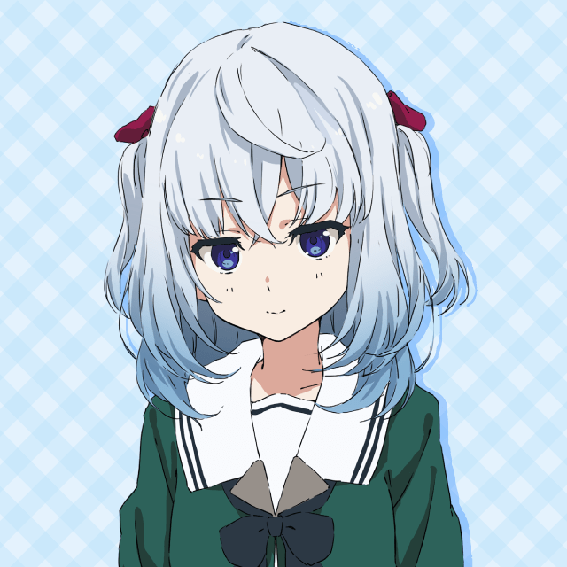 1girl 22/7 22/7_ongaku_no_jikan arms_at_sides black_bow black_bowtie blue_background blue_eyes blue_hair bow bowtie closed_mouth crossed_bangs drop_shadow gradient_hair green_shirt hair_bow light_smile long_sleeves looking_at_viewer medium_hair multicolored_hair official_art portrait red_bow rokubanchou_school_uniform sailor_collar school_uniform serafuku shirt solo straight-on two_side_up wakaizumi_runa white_hair white_sailor_collar winter_uniform