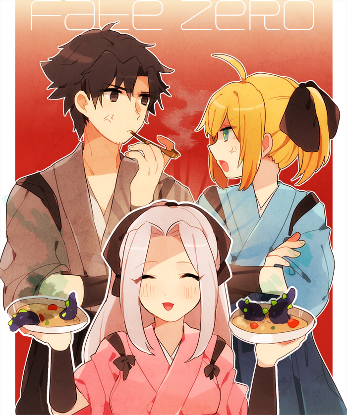1boy 2girls ^_^ ahoge anger_vein artoria_pendragon_(fate) bad_food bad_id bad_pixiv_id black_eyes black_hair blonde_hair blush bow closed_eyes emiya_kiritsugu facial_hair fate/zero fate_(series) food green_eyes hair_bow instructor_iri irisviel_von_einzbern japanese_clothes kimono long_hair miyako_(xxxbibit) multiple_girls official_alternate_costume ponytail saber_(fate) soup stubble tentacles white_hair