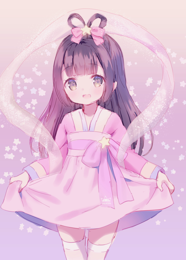 1girl :d bow brown_background brown_eyes brown_hair chinese_clothes chitosezaka_suzu commentary_request cosplay dress female_focus gradient_background hagoromo hair_bow hair_ornament hair_rings hanfu high-waist_skirt long_hair looking_at_viewer open_mouth original orihime_(cosplay) orihime_(tanabata) pink_bow pink_dress pink_skirt purple_background shawl skirt smile solo star_(symbol) star_hair_ornament star_symbol_background thighhighs very_long_hair white_thighhighs