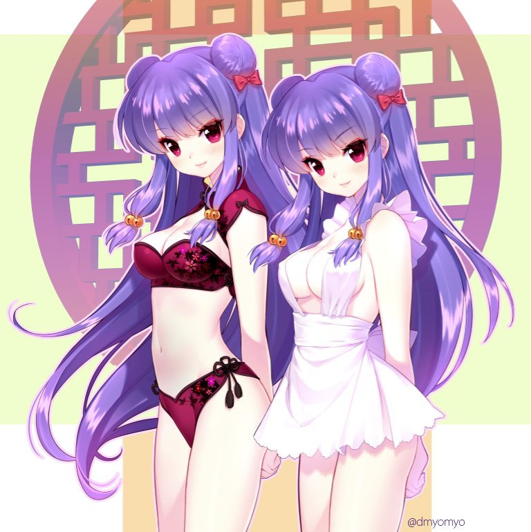 1girl apron arms_behind_back artist_name bell bow breasts cleavage cleavage_cutout clothing_cutout double_bun hair_bell hair_bow hair_bun hair_ornament long_hair maid_apron midriff multiple_views naked_apron navel panties purple_hair ranma_1/2 red_bow red_eyes shampoo_(ranma_1/2) shirahane_nao smile underwear white_apron