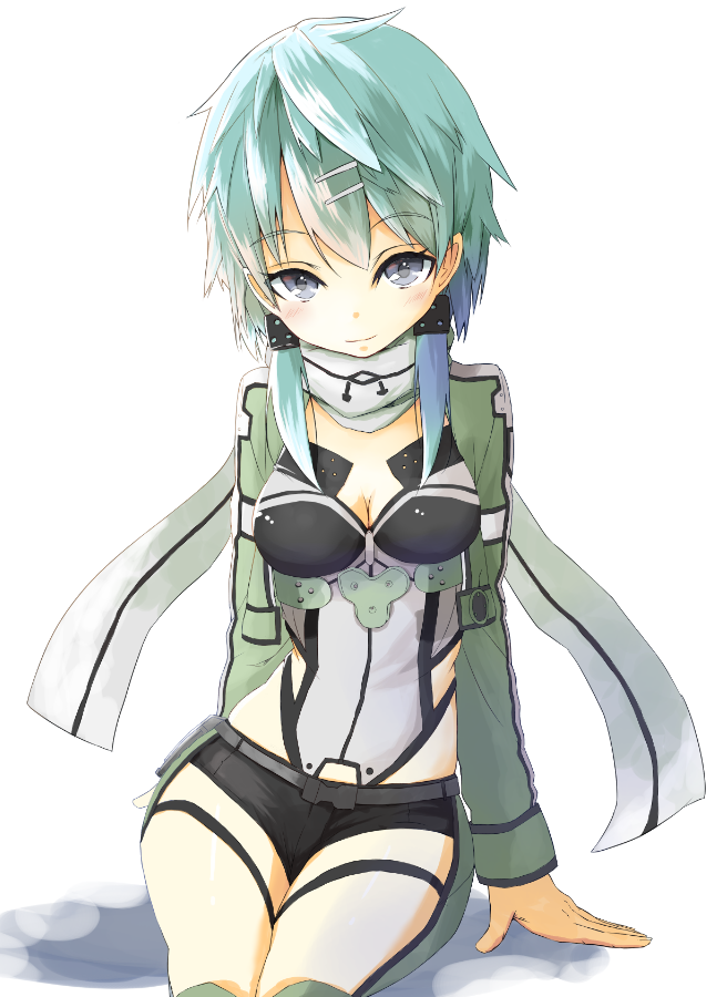 10s 1girl blue_eyes blue_hair clothing_cutout female_focus scarf short_hair short_shorts shorts side_cutout sinon sitting solo sword_art_online tsuru_(tsubasa1993621)