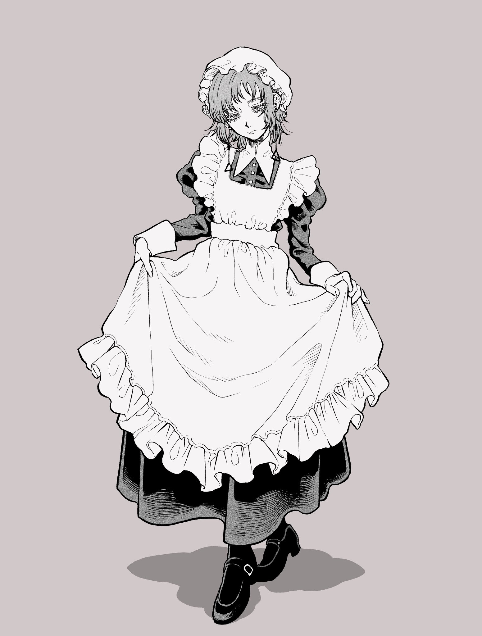 1girl alternate_costume apron chainsaw_man collared_dress commentary_request dress earrings enmaided fami_(chainsaw_man) full_body greyscale haru_rice hat highres jewelry maid maid_apron medium_hair mob_cap monochrome ringed_eyes solo standing