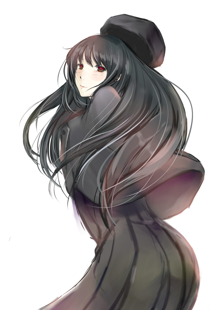 1girl alternate_costume black_capelet black_hair black_headwear black_skirt buttons capelet flowers_(innocent_grey) highres innocent_grey kara_no_shoujo kuchiki_touko long_hair looking_at_viewer looking_back red_eyes school_uniform simple_background skirt smile solo white_background winter_clothes winter_uniform xephere