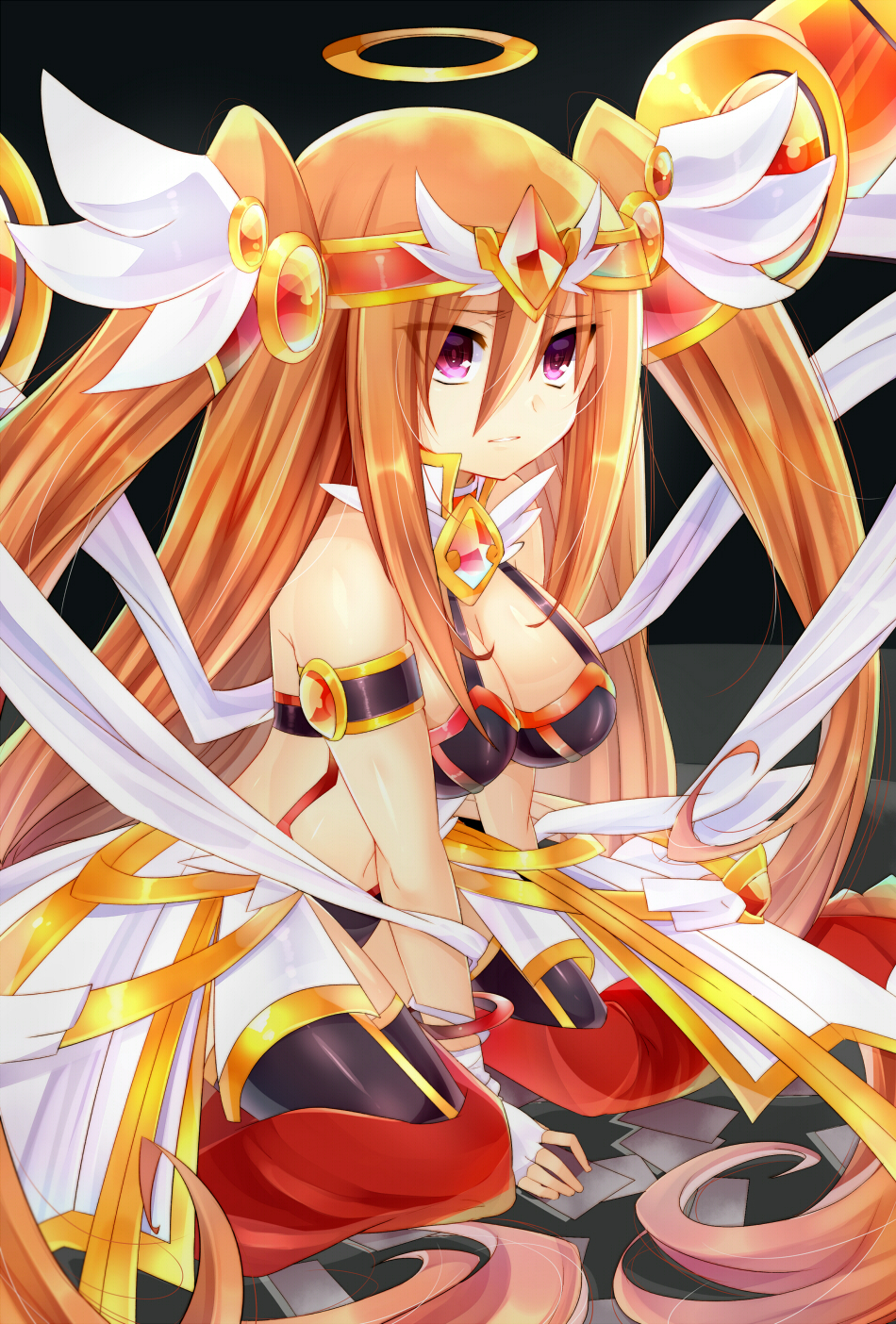1girl ake_no_hoshi_no_elise bare_shoulders black_legwear breasts brown_hair female_focus frown halo headgear highres kneeling large_breasts long_hair midriff navel pink_eyes rento_(rukeai) saikyou_ginga_ultimate_zero_~battle_spirits~ sitting solo wariza winged_hair_ornament