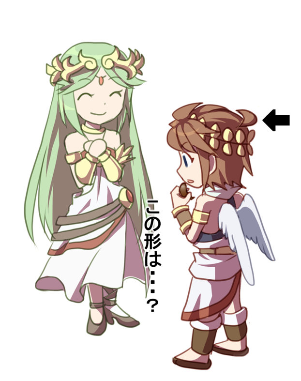 1boy 1girl ^_^ ahoge angel angel_wings armlet arrow_(symbol) azumi_(tks-sd) black_undershirt blue_eyes bracer brown_hair chocolate closed_eyes closed_mouth food full_body gold_armlet hands_clasped_in_delight height_difference holding holding_chocolate holding_food jewelry kid_icarus kid_icarus_uprising long_hair looking_at_food neck_ring nintendo palutena pit_(kid_icarus) short_hair sidelocks smile translation_request very_long_hair white_background white_wings wings
