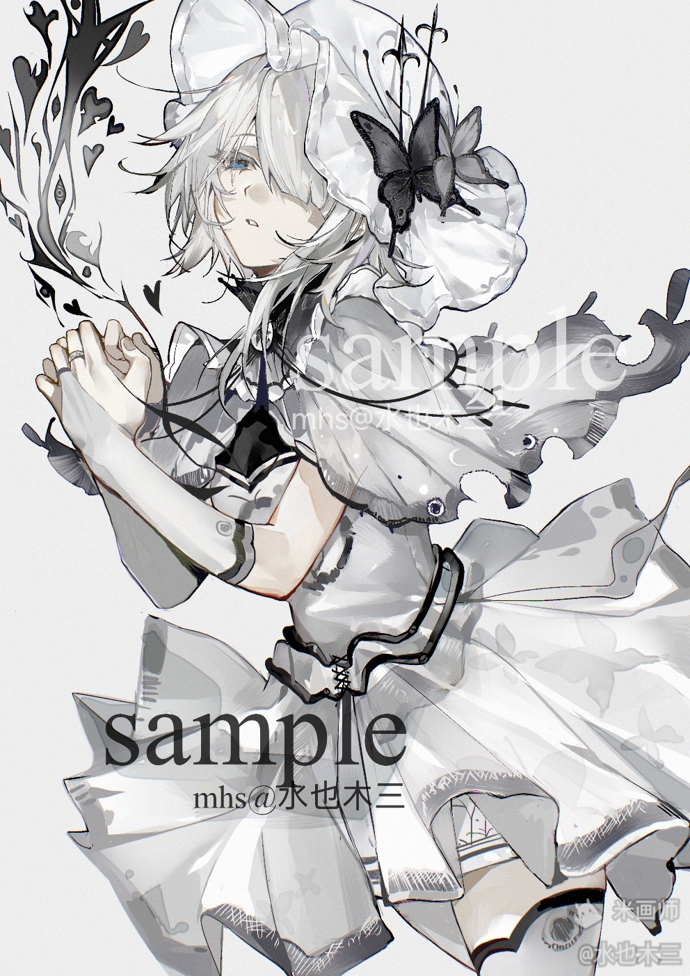 1girl blue_eyes butterfly_hat_ornament capelet character_request colored_eyelashes commission copyright_request dress gloves hair_over_one_eye hat hat_ornament heart highres jewelry own_hands_together red_eyes ring sample_watermark shuiyemusan solo thighhighs watermark white_background white_capelet white_dress white_gloves white_hair white_hat white_thighhighs