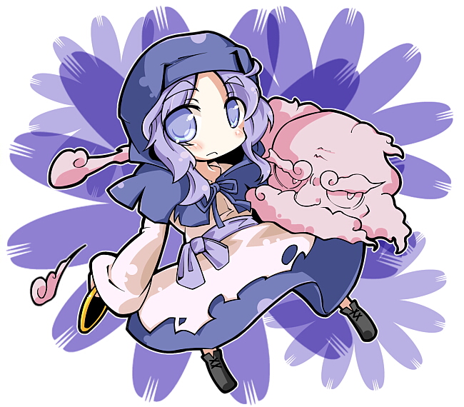 1boy 1girl blue_eyes blue_hair boots chibi dress hood jewelry kumoi_ichirin ring sash short_hair take_tonbo touhou unzan