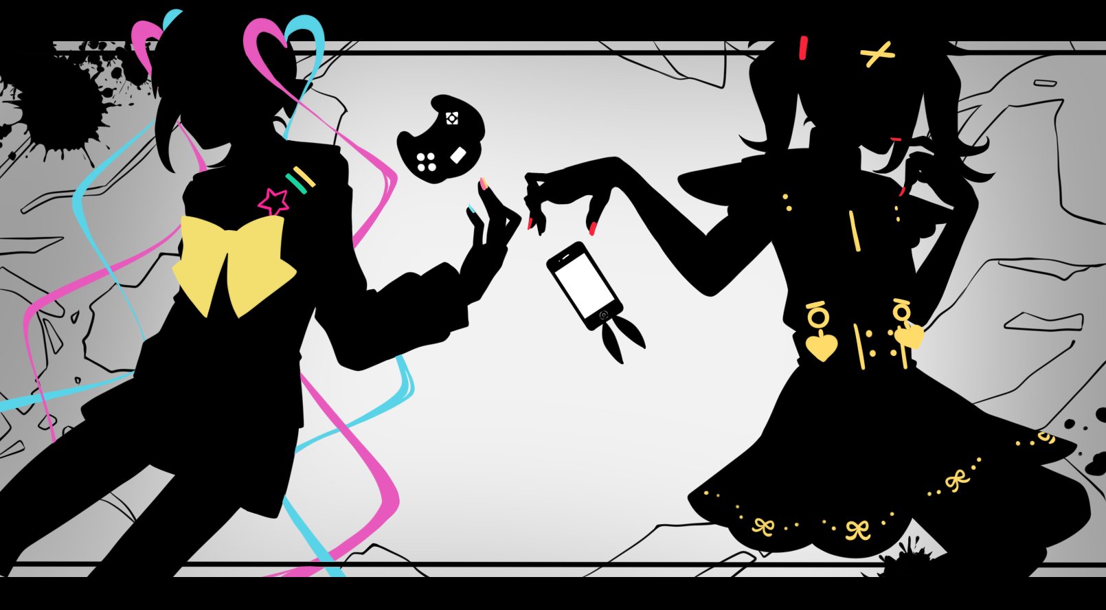 2girls ame-chan_(needy_girl_overdose) blue_hair blue_nails cellphone chouzetsusaikawa_tenshi-chan controller dual_persona evandragon game_controller hair_ornament highres long_hair monochrome multicolored_hair multicolored_nails multiple_girls nail_polish needy_girl_overdose noushou_sakuretsu_girl_(vocaloid) parody phone pin pink_hair pink_nails quad_tails red_nails silhouette skirt smartphone splatter spot_color twintails very_long_hair vocaloid x_hair_ornament yellow_nails