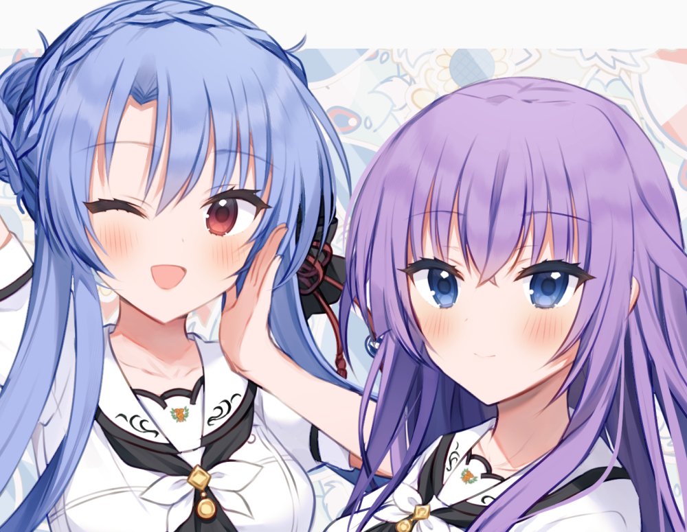 2girls :d aiyan black_bow blue_eyes blue_hair blush bow braid closed_mouth commentary_request crossed_bangs crown_braid eyelashes eyes_visible_through_hair hair_between_eyes hair_bow hair_bun hair_ornament hand_up looking_at_viewer multiple_girls one_eye_closed open_mouth puffy_short_sleeves puffy_sleeves purple_hair red_eyes sailor_collar school_uniform shirt short_sleeves siblings side-by-side sidelocks single_hair_bun sisters smile sorakado_ai sorakado_ao summer_pockets tassel tassel_hair_ornament twins white_sailor_collar white_shirt
