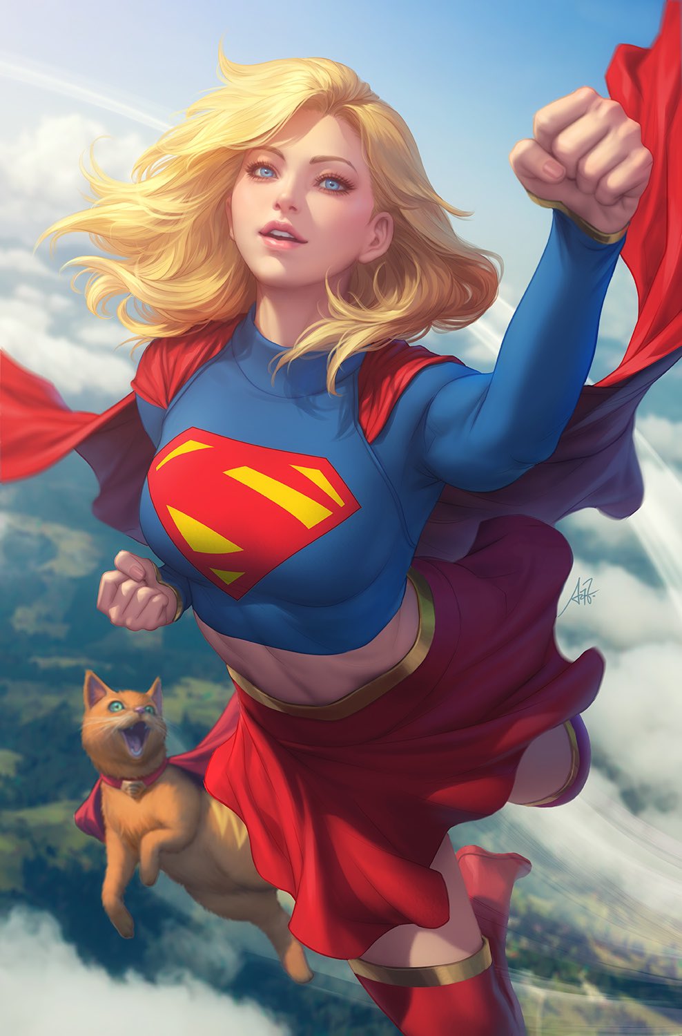 1girl blonde_hair boots cape cat comic_cover crop_top dc_comics flying highres kara_danvers muscular muscular_female red_boots red_cape sky stanley_lau supergirl superhero_costume superman_(series) superman_logo