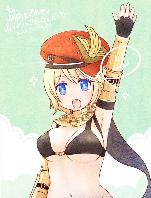 1girl arm_up armor armpits bikini bikini_armor black_bikini black_gloves blonde_hair blue_eyes blush breasts commentary_request commission dated elbow_gloves fingerless_gloves gloves green_background hat large_breasts looking_at_viewer mechanic_(ragnarok_online) navel o-ring o-ring_top open_mouth pochiko_(poteko) ragnarok_online red_hat short_hair sideways_hat skeb_commission smile solo swimsuit teeth underboob upper_body upper_teeth_only vambraces yellow_armor
