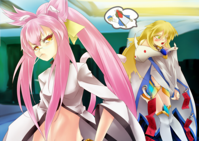 2girls animal_ears arc_system_works artist_request blazblue blonde_hair blush cape cat_ears cat_girl cat_tail cosplay crotch_plate female_focus green_eyes kneehighs kokonoe_(blazblue) lab_coat long_hair midriff mu-12 mu-12_(cosplay) multiple_girls multiple_tails noel_vermillion open_mouth orange_eyes pink_hair ponytail red_ribbon ribbon shoulder_pads slit_pupils socks tail yellow_ribbon