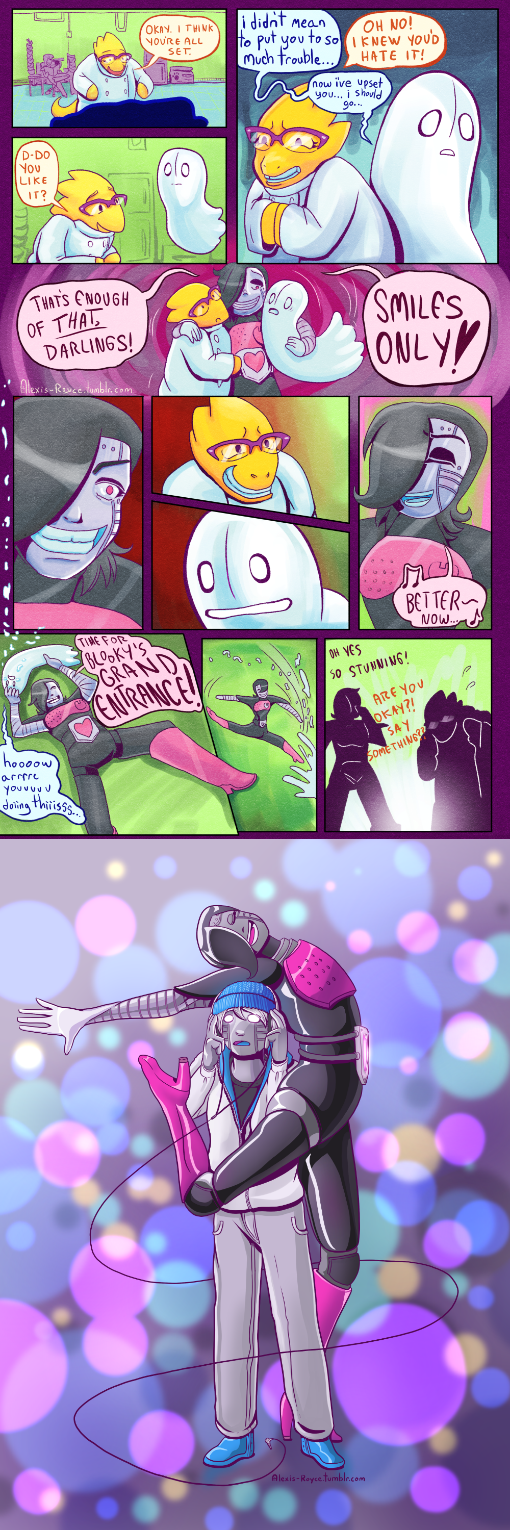 1boy 1girl :d ^_^ absurdres alexis_royce alphys androgynous android black_hair bodysuit cable emblem english_text closed_eyes flying_sweatdrops full_body ghost glasses goggles grin hair_over_one_eye heart highres lab_coat machinery mettaton mettaton_ex monster_girl napstablook open_mouth over-rim_eyewear pale_skin rape_face semi-rimless_eyewear smile speech_bubble spoilers standing talking teeth undertale alternate_universe