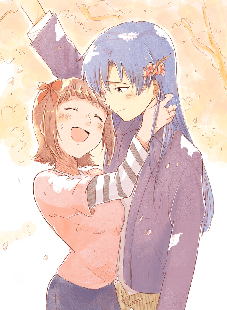 2girls amami_haruka arm_up blue_hair blush bow brown_hair closed_mouth flower hair_bow hair_flower hair_ornament idolmaster idolmaster_(classic) jacket kisaragi_chihaya layered_sleeves long_hair long_sleeves looking_at_another multiple_girls open_clothes open_jacket open_mouth outdoors red_bow shirt short_hair short_over_long_sleeves short_sleeves smile standing tsubobot