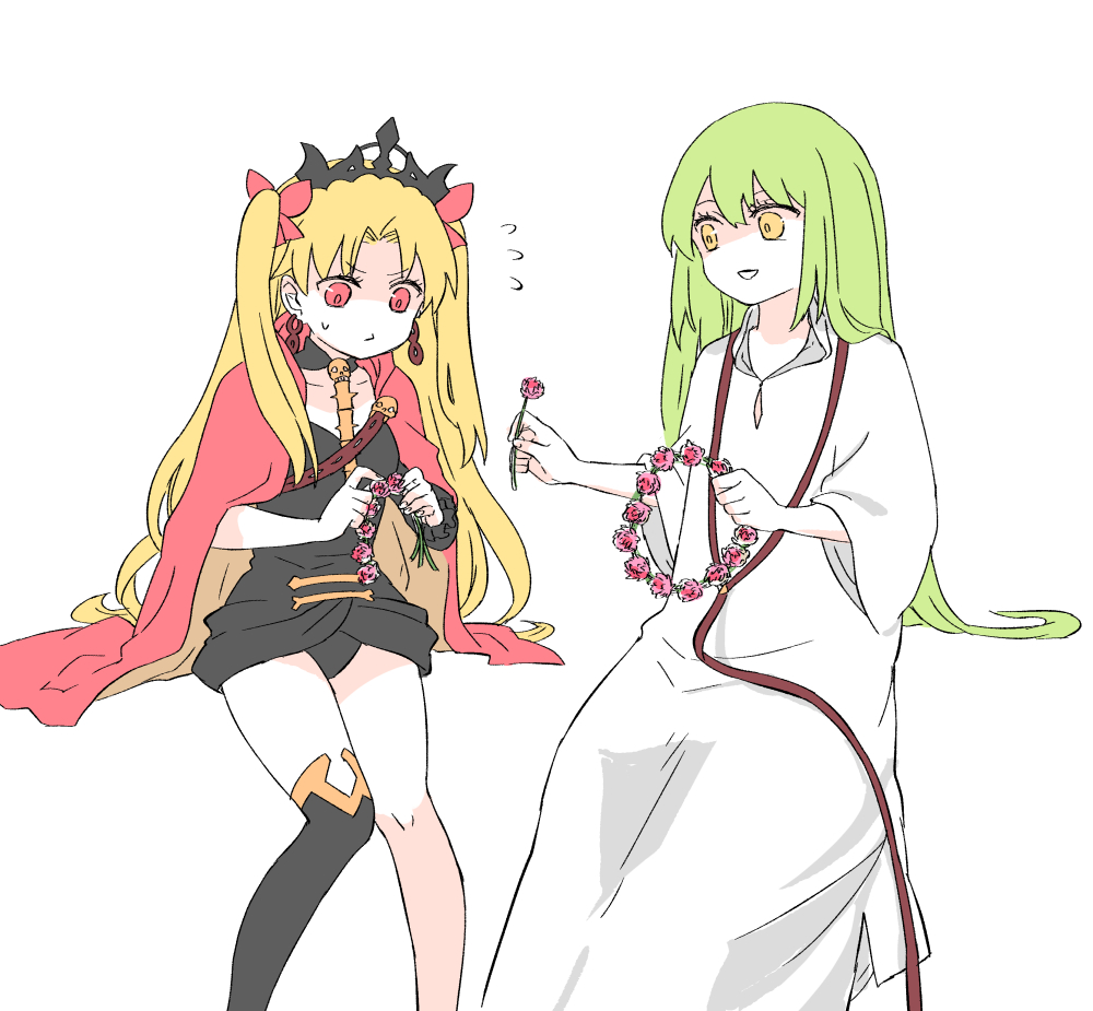 1girl 1other androgynous black_leotard blonde_hair breasts cape commentary_request enkidu_(fate) ereshkigal_(fate) fate/grand_order fate_(series) flower flower_wreath flying_sweatdrops green_hair himeko_(nico6v6pachi) holding holding_flower invisible_chair leotard over-kneehighs red_cape red_eyes robe single_over-kneehigh single_thighhigh sitting small_breasts smile sweatdrop thighhighs tiara two-sided_cape two-sided_fabric two_side_up white_robe yellow_eyes