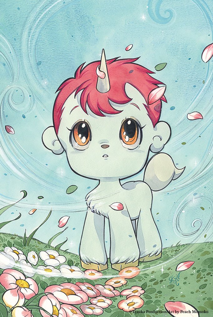 1boy blue_sky copyright_notice flower full_body grass horns looking_up official_art peach_momoko petals pink_flower pink_hair pink_petals short_hair signature single_horn sky solo teeth traditional_media unico unicorn white_flower white_petals wind