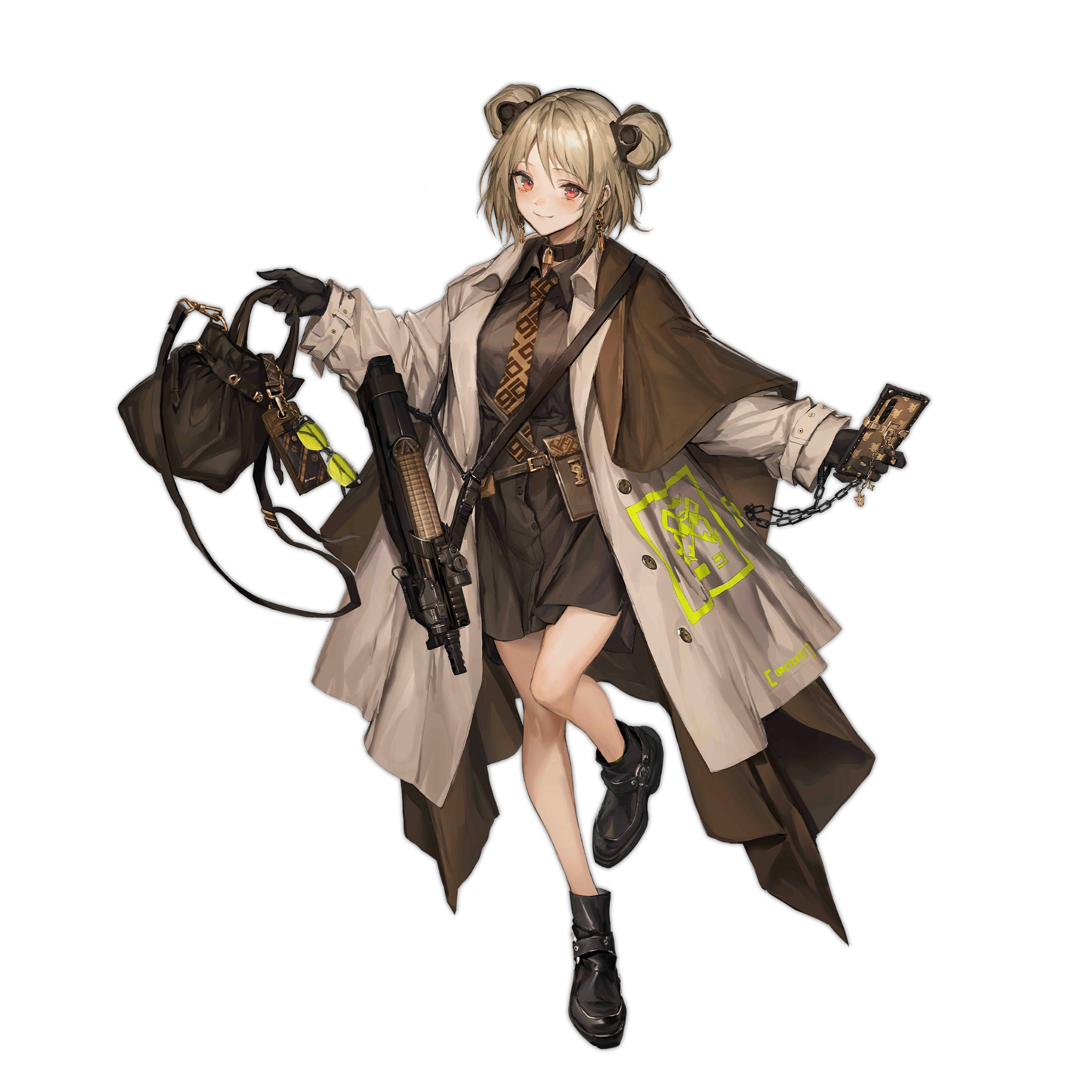 1girl ammunition armor-piercing_ammunition bag belt black_bag black_footwear black_gloves black_shirt blush breasts brown_necktie bullet bullpup cellphone chain closed_mouth coat double_bun earrings eyewear_hang unworn_eyewear fn_5.7x28mm girls'_frontline gloves grey_coat gun hair_bun highres holding holding_bag holding_chain holding_phone holding_weapon horizontal_magazine jewelry light_brown_hair lm7_(op-center) looking_at_viewer medium_breasts medium_hair necktie official_alternate_costume official_art open_clothes open_coat p90 p90_(girls'_frontline) p90_(the_girl_from_b.e.l)_(girls'_frontline) pdw_cartridge phone red_eyes see-through_clothes shirt smartphone smile solo standing standing_on_one_leg submachine_gun supersonic_ammunition translucent transparent_background weapon