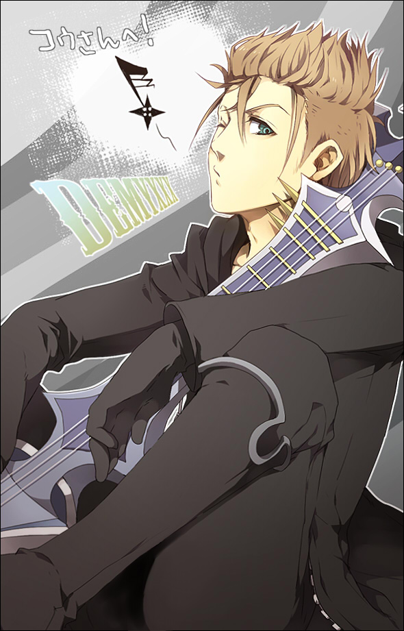 1boy bad_id bad_pixiv_id between_legs black_boots black_border black_coat black_coat_(kingdom_hearts) black_gloves black_pants boots border brown_hair character_name coat demyx gloves green_eyes grey_background heart holding holding_instrument instrument kingdom_hearts kingdom_hearts_ii knee_boots knee_up long_sleeves male_focus mohawk musical_note one_eye_closed pants sitar sitting solo striped_background tore_(ksg666xxx) translation_request whistling