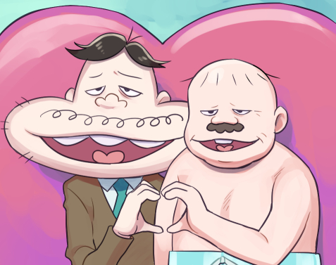 10s 2boys bad_id bad_pixiv_id bald black_hair dayoon dekapan facial_hair formal_clothes green_necktie heart heart_hands heart_hands_duo heart_in_mouth lowres male_focus mayu_ueki multiple_boys mustache necktie osomatsu-kun osomatsu-san osomatsu_(series) pants sitting smug striped_clothes striped_pants suit