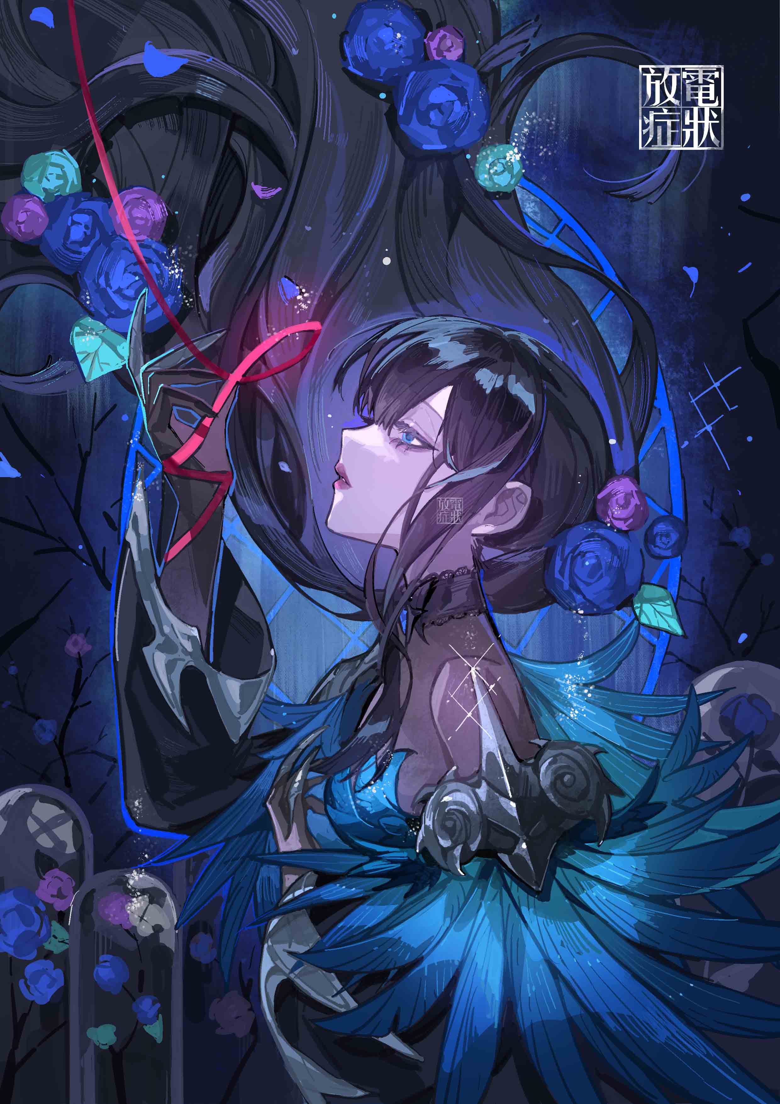 absurdres artist_name black_dress black_gloves black_hair blue_background blue_eyes blue_flower blue_rose corruption dark_persona dress feathers final_fantasy final_fantasy_xiv flower from_side gaia_(ff14) gloves hair_flower hair_ornament hand_on_own_chest highres holding holding_ribbon hyur long_hair parted_lips penzai_fengli profile ribbon rose upper_body
