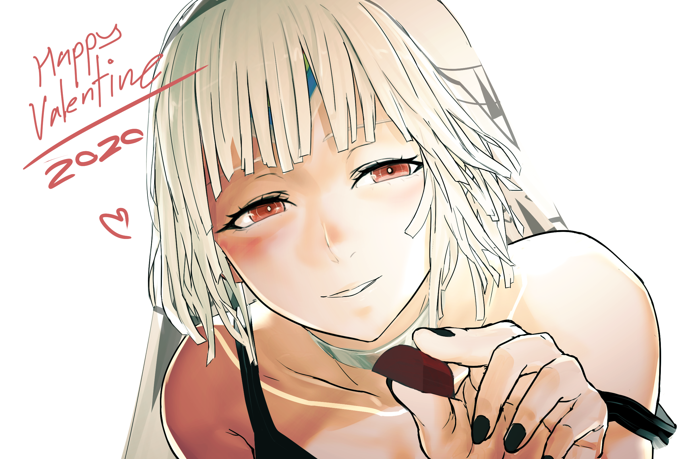 1girl altera_(fate) bare_shoulders black_nails blush chocolate dark-skinned_female dark_skin fate/grand_order fate_(series) female_focus grin highres i-pan looking_at_viewer nail_polish red_eyes short_hair smile solo tattoo valentine veil white_hair