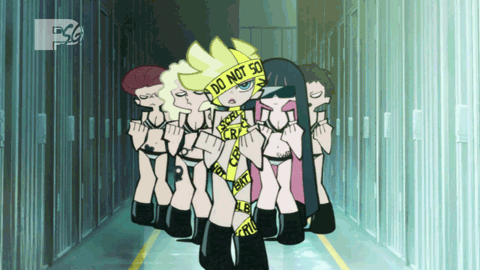 5girls animated animated_gif anime_screenshot bikini caution_tape cosplay dancing lady_gaga_(copyright) lady_gaga_(cosplay) logo lowres mtv multiple_girls non-web_source panty_&amp;_stocking_with_garterbelt panty_(psg) parody stocking_(psg) sunglasses swimsuit telephone_(lady_gaga)