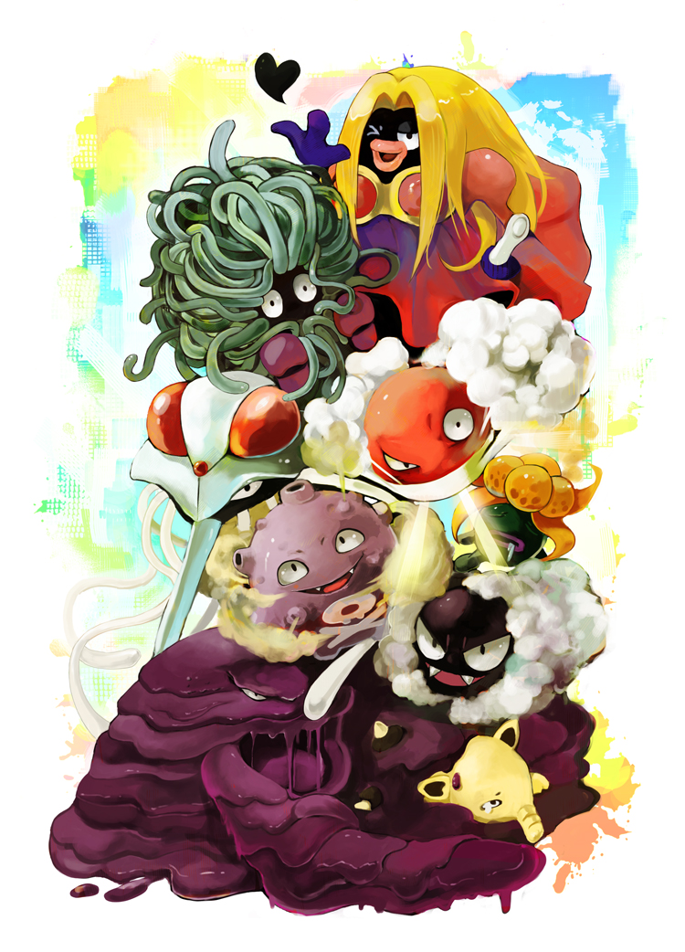 1990s_(style) bad_id bad_pixiv_id blonde_hair creatures_(company) drowzee fangs game_freak gas gastly gen_1_pokemon gloom_(pokemon) heart jynx koffing lips muk nintendo no_humans one_eye_closed open_mouth pokemon pokemon_(creature) pokemon_rgby retro_artstyle smile smoke steam tangela tears tentacruel voltorb wink