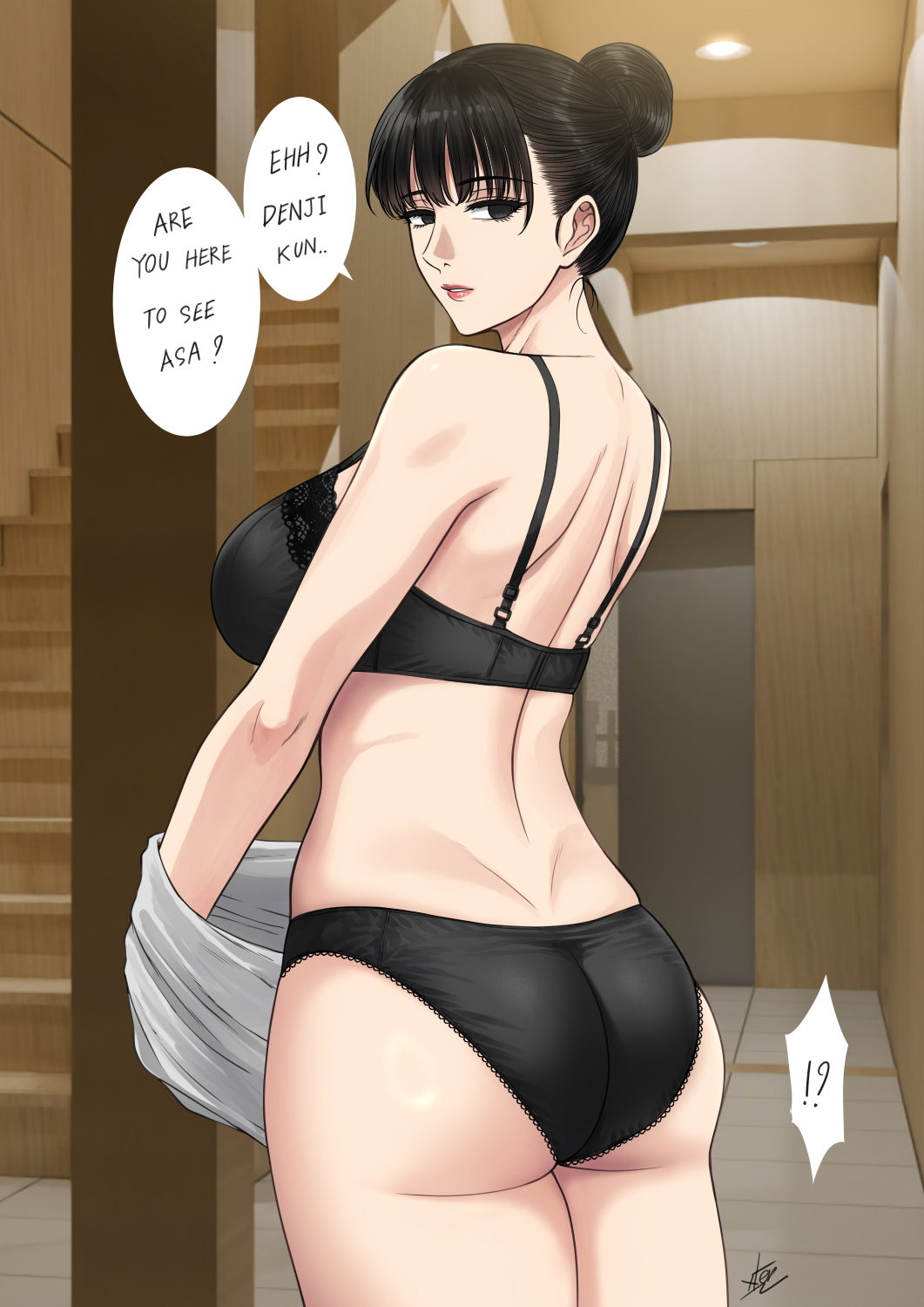 !? 1girl ass back black_bra black_eyeliner black_eyes black_hair black_panties bra breasts chainsaw_man cowboy_shot door english_text eyeliner from_behind hair_bun highres holding holding_unworn_clothes indoors lace lace-trimmed_bra lace_trim large_breasts lingerie looking_at_viewer makeup mature_female mitaka_asa&#039;s_mother panties parted_lips red_lips shirt short_hair signature single_hair_bun speech_bubble stairs talking underwear xter
