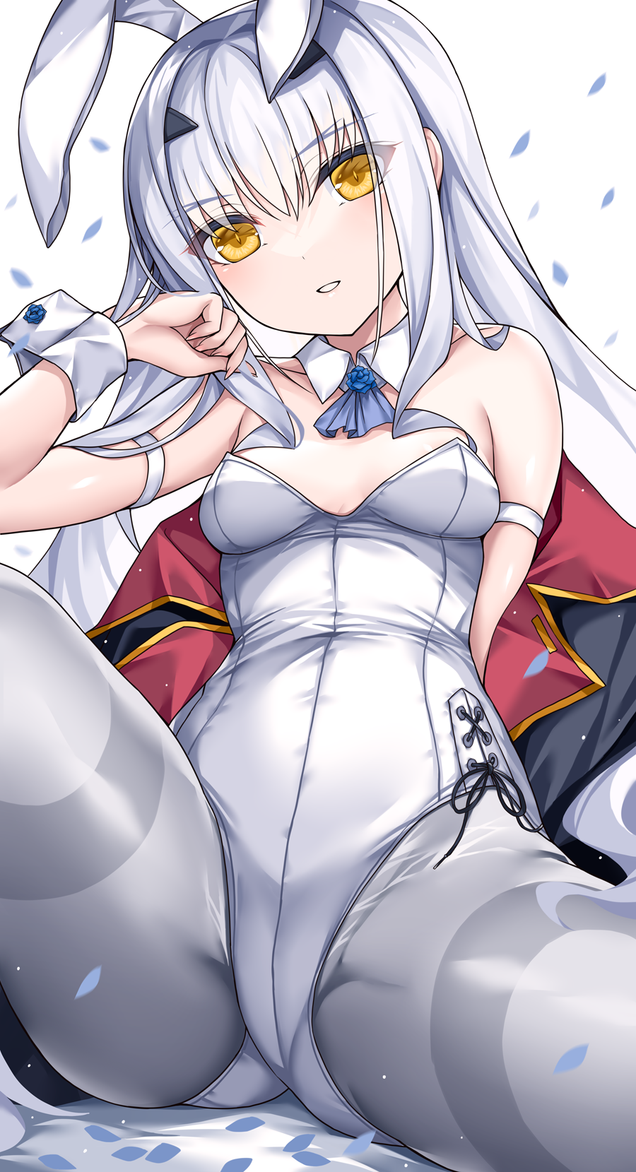 1girl animal_ears ascot bare_shoulders breasts cape covered_navel detached_collar fake_animal_ears fate/grand_order fate_(series) forked_eyebrows highres leotard long_hair looking_at_viewer melusine_(fate) morizono_shiki pantyhose playboy_bunny rabbit_ears sidelocks simple_background sitting small_breasts solo thighband_pantyhose thighs unworn_cape white_background white_hair white_leotard white_pantyhose wrist_cuffs yellow_eyes