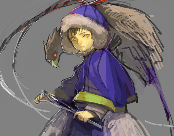 1boy animal animal_on_shoulder bad_drawr_id bad_id bird bird_on_shoulder blonde_hair blue_capelet blue_hood blue_pants capelet character_request closed_mouth copyright_request fur-trimmed_hood fur_trim green_eyes grey_background holding holding_polearm holding_weapon hood hood_up hooded_capelet kima looking_at_viewer male_focus pants polearm simple_background solo spear vulture weapon