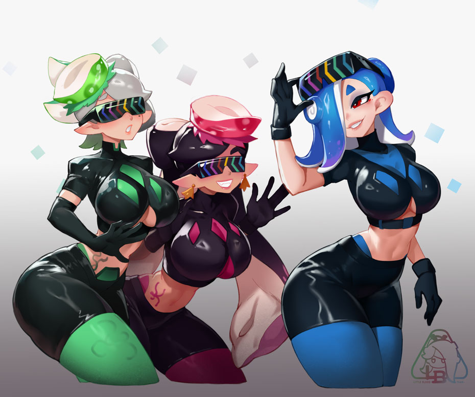 adjusting_eyewear artist_logo black_gloves black_hair black_shirt black_shorts blue_hair blue_panties bow bow-shaped_hair breasts callie_(octo_idol_outfit)_(splatoon) callie_(splatoon) callie_(splatoon)_(cosplay) cleavage cosplay cowboy_shot cowlick crop_top curvy earrings elbow_gloves eyelashes eyeliner fangs fish_(food) food food_on_head foot_out_of_frame gloves gold_earrings gradient_hair green_hat green_leaf green_panties green_shiso_leaf green_tattoo hair_over_one_eye hat hypnoshades_(splatoon) jewelry large_breasts little123blood logo long_hair long_pointy_ears makeup marie_(splatoon) medium_hair midriff mole mole_under_eye multicolored_hair navel nintendo object_on_head octopus_hair_ornament octopus_sashimi octopus_sausage_earrings official_alternate_costume open_mouth padded_shoulders pale_skin panties panty_straps pantyhose pink_hat pink_leaf pink_panties pink_shiso_leaf pink_tattoo pointy_ears red_eyeliner red_eyes sashimi see-through_cleavage see-through_clothes shiny_clothes shirt shiver_(splatoon) short_eyebrows short_hair short_shorts short_sleeves shorts simple_background smile splatoon_(series) splatoon_2 spotted_hair stomach_tattoo suction_cups sunglasses swept_bangs tattoo tentacle_hair thick_eyebrows twintails two-tone_hair underboob underwear very_long_hair w_arms white_hair wide_hips