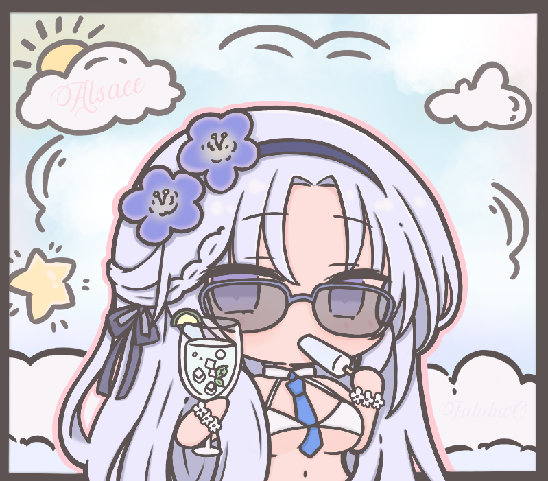 1girl alsace_(azur_lane) alsace_(heat_beating_summer_sacrament)_(azur_lane) artist_name azur_lane between_breasts bikini blue_eyes blue_hair blue_necktie breasts character_name chibi chibi_only cloud cloudy_sky commentary cup flower food futaba_(anti_clockwise) hair_flower hair_ornament holding holding_cup holding_food holding_popsicle ice ice_cube large_breasts long_hair looking_at_viewer necktie necktie_between_breasts official_alternate_costume popsicle sky solo star_(symbol) sun sunglasses swimsuit symbol-only_commentary very_long_hair white_bikini