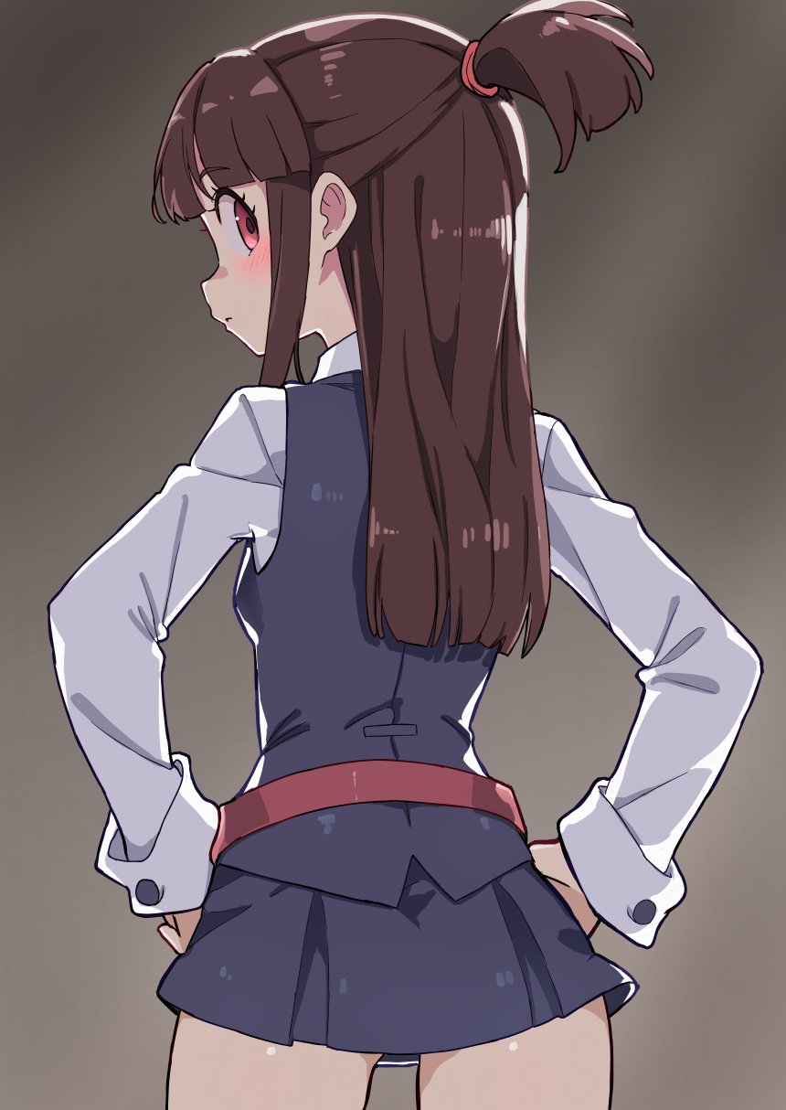 1girl blush brown_hair facing_away highres hues_sunk kagari_atsuko little_witch_academia long_hair looking_at_viewer luna_nova_school_uniform ponytail red_eyes school_uniform simple_background solo