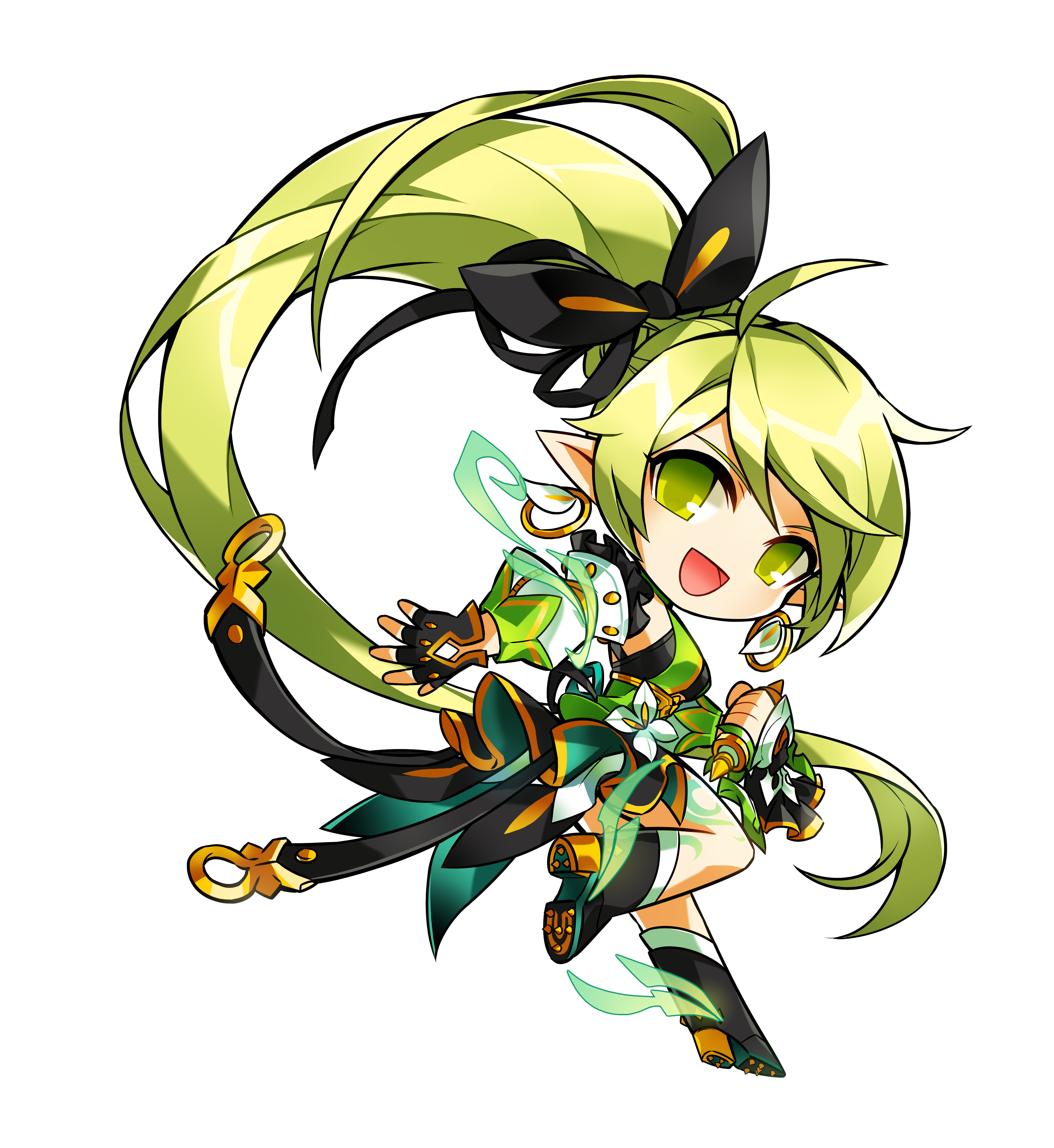 1girl absurdres belt black_belt black_boots black_bow black_dress black_gloves black_ribbon boots bow chibi clenched_hand detached_sleeves dress earrings elf elsword fingerless_gloves floating_clothes floating_hair frilled_sleeves frills game_cg gauntlets gloves gold_buckle gold_earrings green_dress green_eyes green_hair hair_bow hair_ribbon high_side_ponytail highres hoop_earrings hwansang jewelry layered_dress leg_tattoo leg_up long_dress long_hair long_sleeves o-ring o-ring_belt official_art open_belt open_mouth pointy_ears ponytail_with_braided_base puffy_long_sleeves puffy_sleeves rena_erindel ribbon second-party_source single_gauntlet sleeveless sleeveless_dress smile solo swept_bangs tachi-e tattoo transparent_background very_long_hair white_sleeves