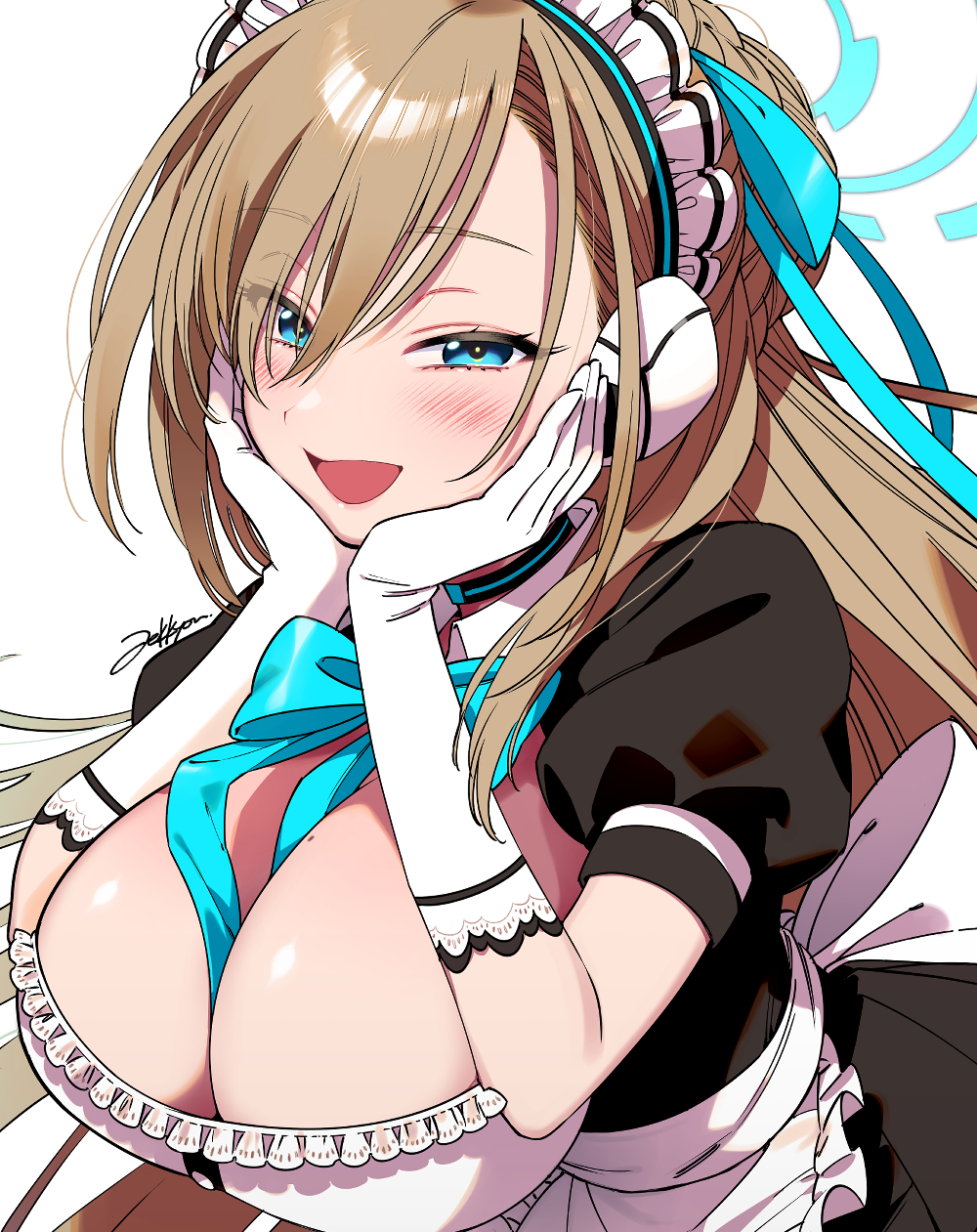 1girl apron aqua_bow aqua_bowtie aqua_ribbon asuna_(blue_archive) between_breasts black_dress blue_archive blue_eyes blush bow bowtie breasts brown_hair cleavage commentary dress gloves hair_between_eyes hair_ribbon halo hands_on_own_cheeks hands_on_own_face headphones highres large_breasts long_hair looking_at_viewer maid_headdress mole mole_on_breast open_mouth ribbon short_sleeves signature simple_background solo waist_apron white_apron white_background white_gloves zekkyou_(h9s9)