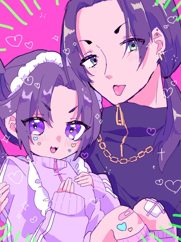 &gt;:) 2boys :3 :p bandaid black_hair carrying chain chain_necklace contemporary diamond_(shape) earrings green_eyes hand_on_another&#039;s_shoulder hands_on_own_chest heart heart_sticker hoop_earrings houjou_tokiyuki_(nige_jouzu_no_wakagimi) jacket jersey_maid jewelry low_ponytail maid maid_headdress moriya_suwako multiple_boys multiple_earrings necklace nige_jouzu_no_wakagimi pastel_colors pink_background pink_socks ponytail princess_carry purple_eyes purple_shorts purple_track_suit shorts socks sparkle sticker_on_face stud_earrings tongue tongue_out track_jacket unconventional_maid v-shaped_eyebrows zipper