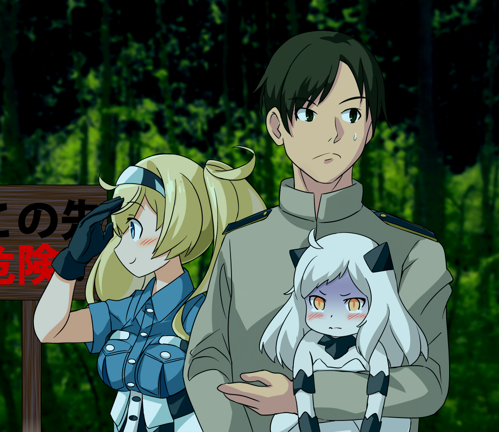 1boy 2girls abyssal_ship admiral_(kancolle) ahoge be_(o-hoho) black_eyes black_gloves black_hair blonde_hair blue_eyes breasts colored_skin commentary_request forest frown gambier_bay_(kancolle) gloves hairband horns kantai_collection medium_breasts military_uniform multiple_girls nature northern_little_sister orange_eyes shaded_face sign smile tearing_up translation_request white_hair white_skin